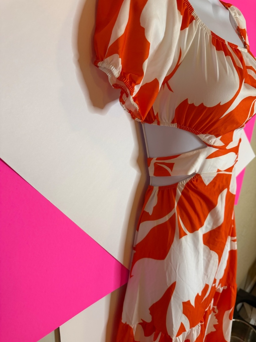 Orange & White Tropical Cutout Maxi Dress Small Vacation Resort Beach - Picture 2 of 3